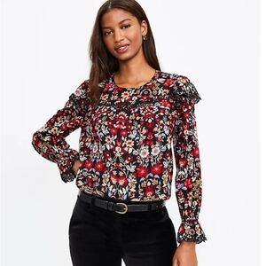 LOFT Forest Ruffle Scalloped Yoke Top NWOT Size XXS